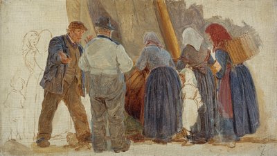 Ochtend in Hornbæk. Mannen en vrouwen onderhandelen door Peder Severin Krøyer